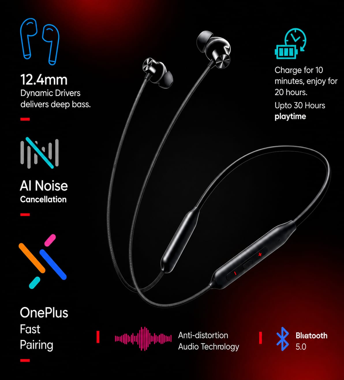 Wireless Bluetooth Neckband with Noise Cancellation