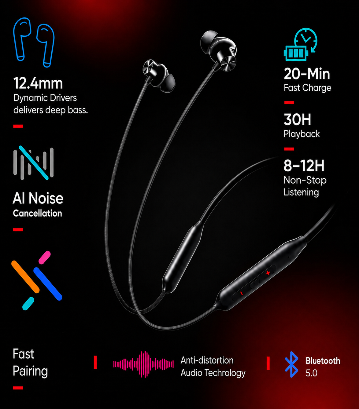 Wireless Bluetooth Neckband with Active Noise Cancellation