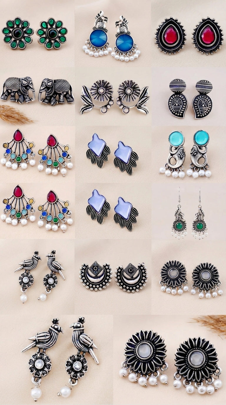 Premium Oxidised Silver Jhumka Earrings Combo Set (Pack Of 12)
